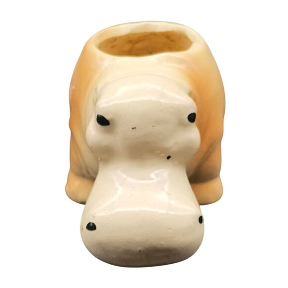 Vintage Ceramic Hippo Planter Figurine Tan & Cream Glaze - Picture 3 of 5
